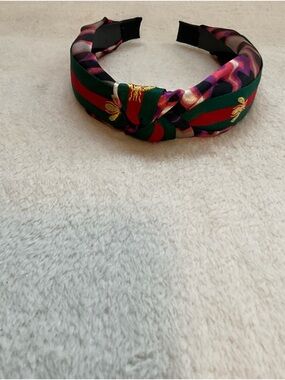 Knotted Satin Headband in Green and Red with Gold Embroidery
